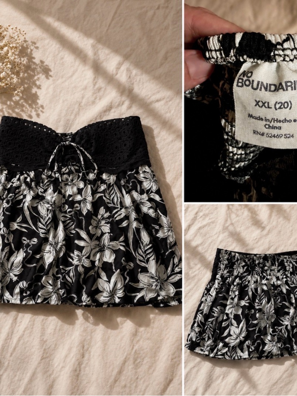 No Boundaries Black & White Floral Mini Skirt with Smocked Waist